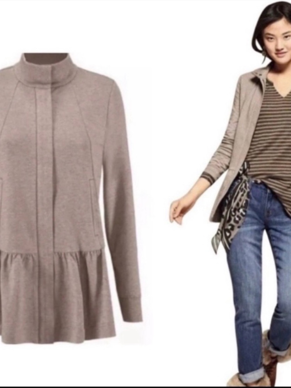 CAbi Taupe Peplum Mock Neck Cardigan